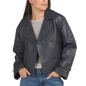 Bod & Christensen Jacket Womens Medium Blue Leather‎ Lambskin Pea Coat Cropped